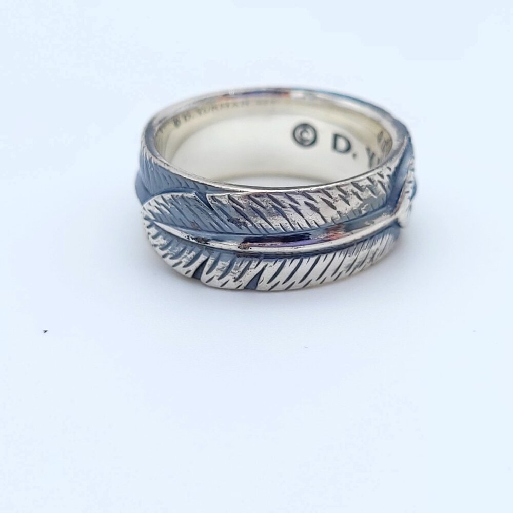 David Yurman Mens Sterling Silver 10mm Frontier Feather Band Ring Size 9 w Pouch - Picture 2 of 8
